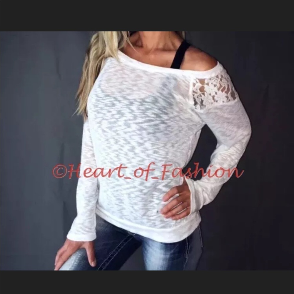 Semi-Sheer Burnout Lace Shoulder Relaxed Top